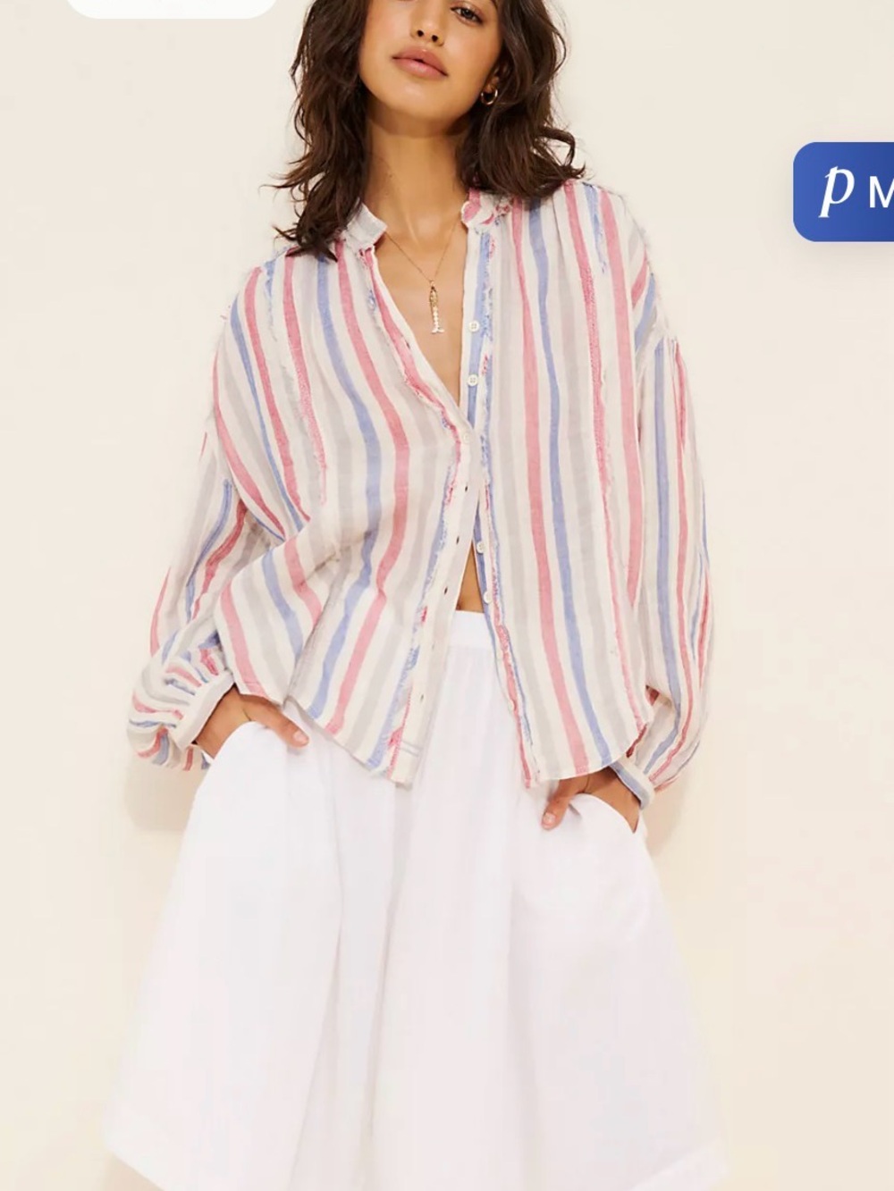 Free People Striped Button-Down Shirt in Pink, Blue & White